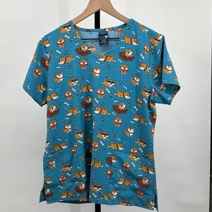 Zoe + Chloe Dog Print V-Neck Scrub Top Blue Medium